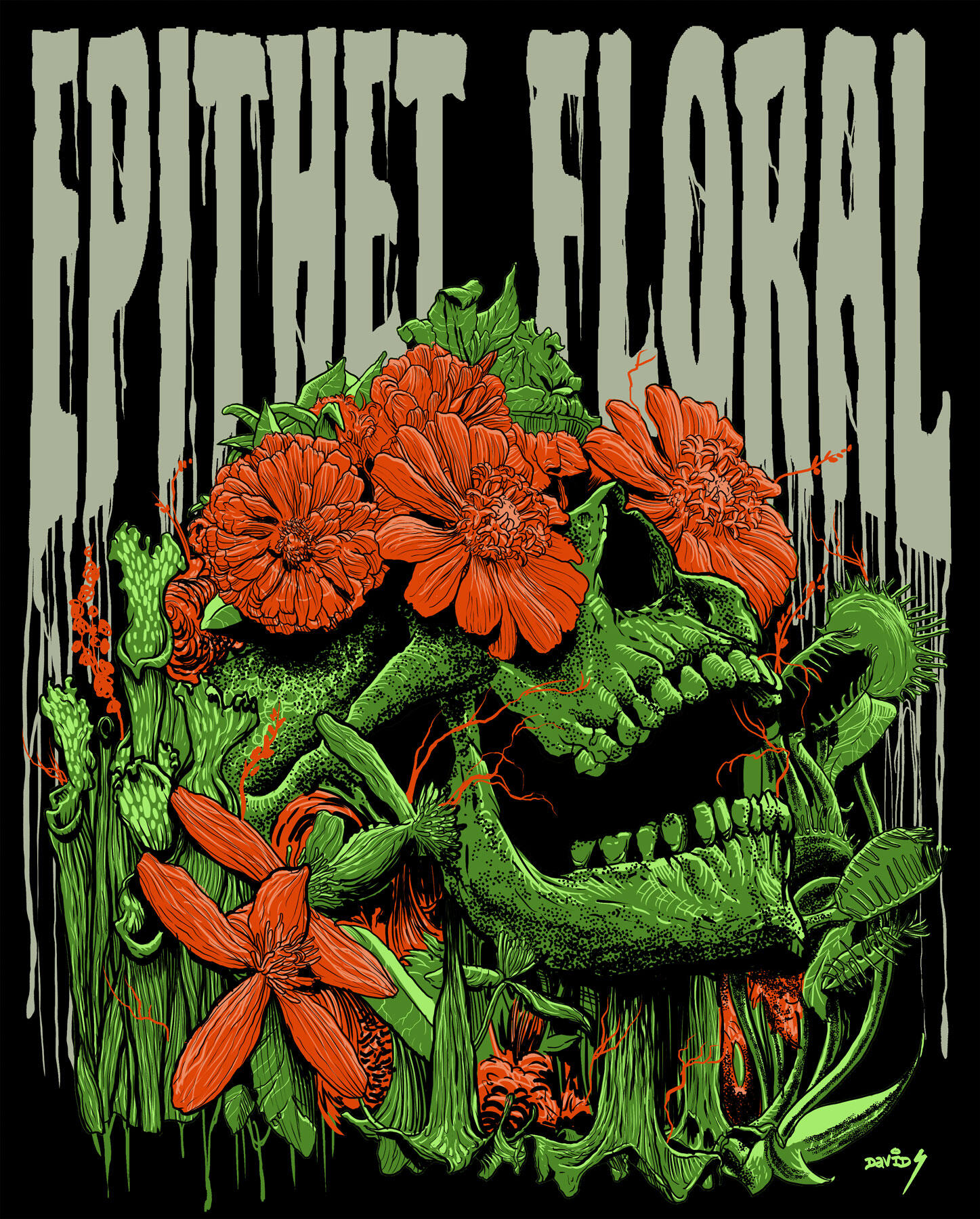 Epithet Foral Floral skull surrounded by carnivorous plants, flowers and hand-drawn Epithets Floral lettering.