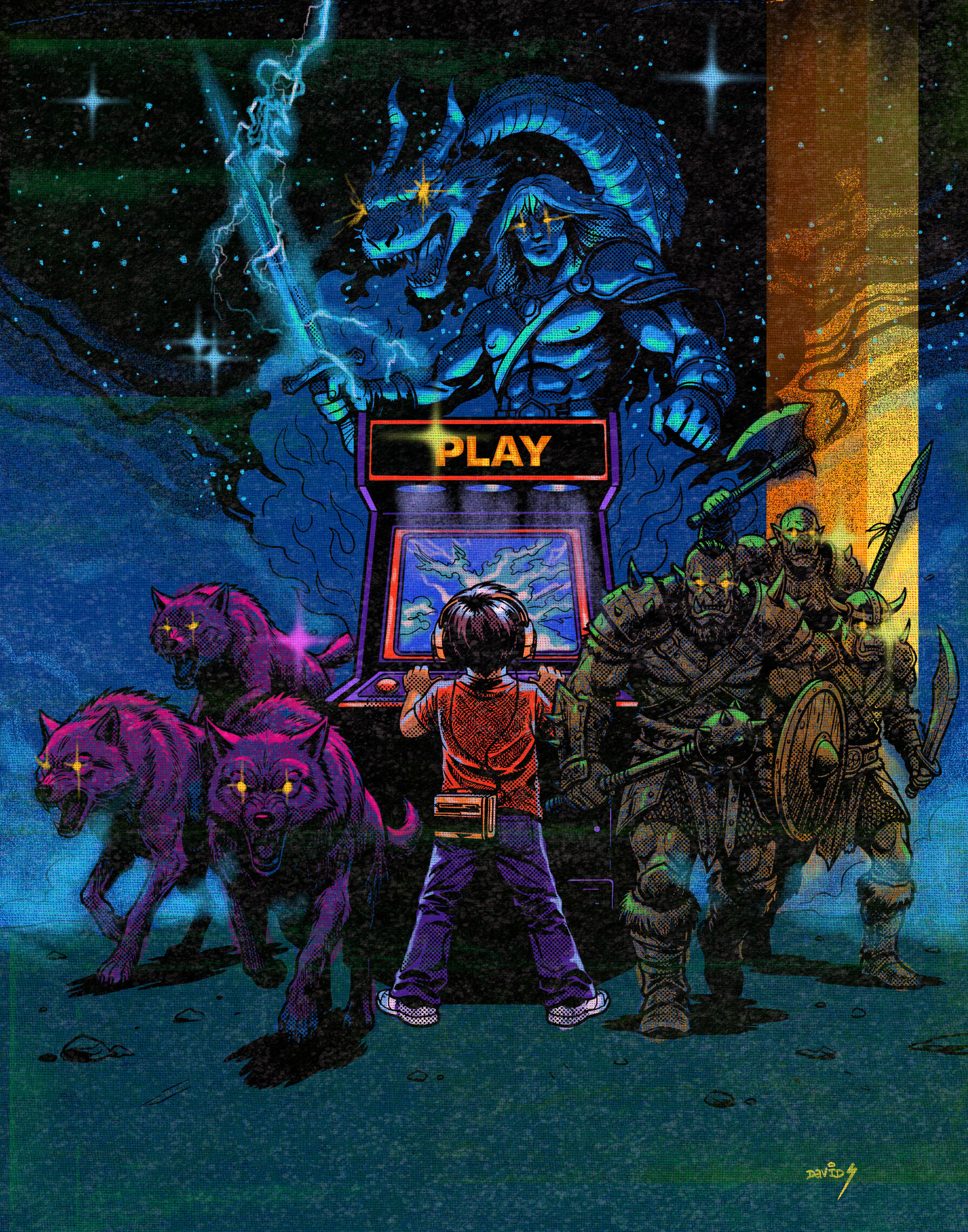 Play Child facing an arcade cabinet surrounded by wolves, fantasy warriors and a dragon.