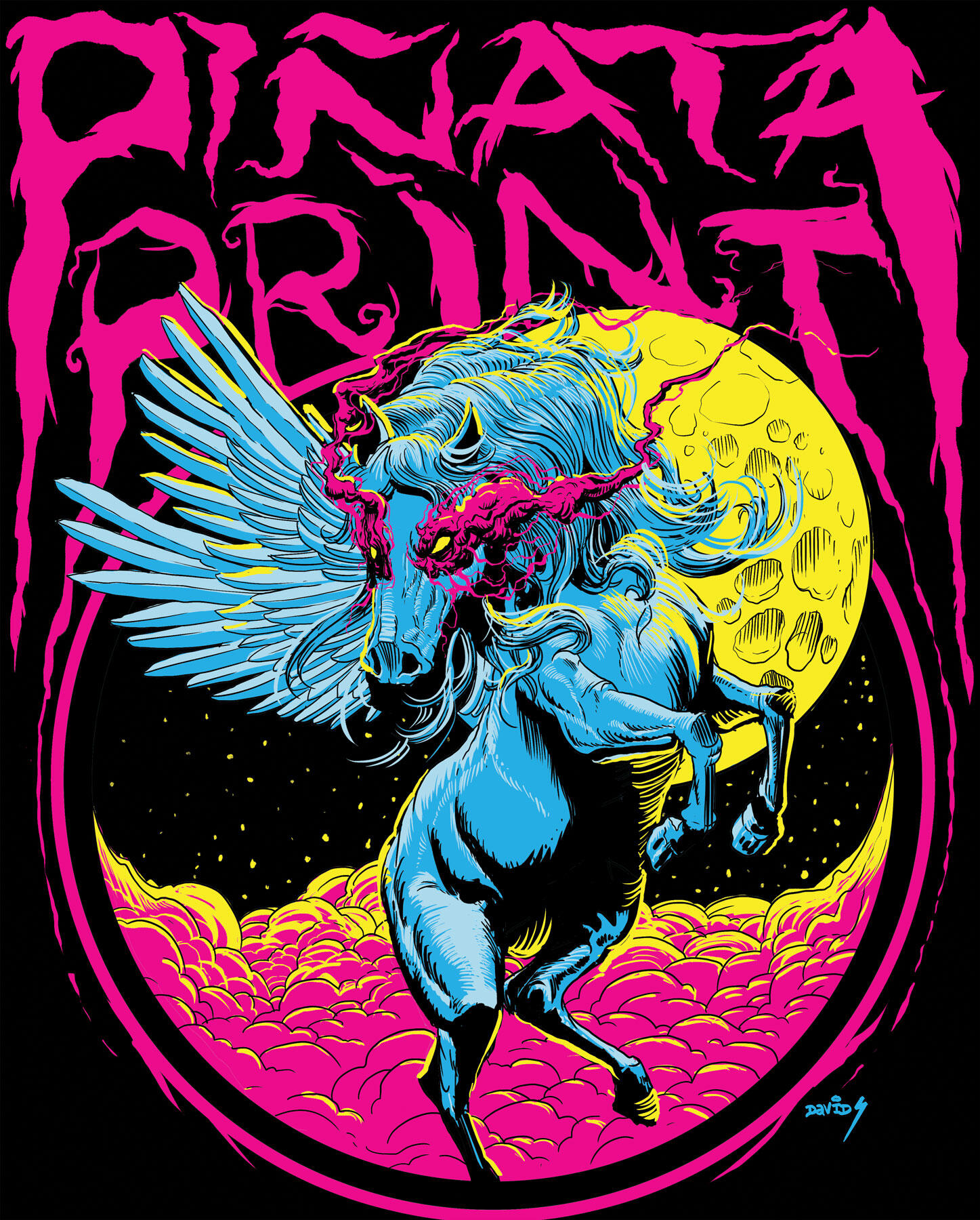 Pinata Print Winged blue horse before a yellow moon with Piñata Print lettering.