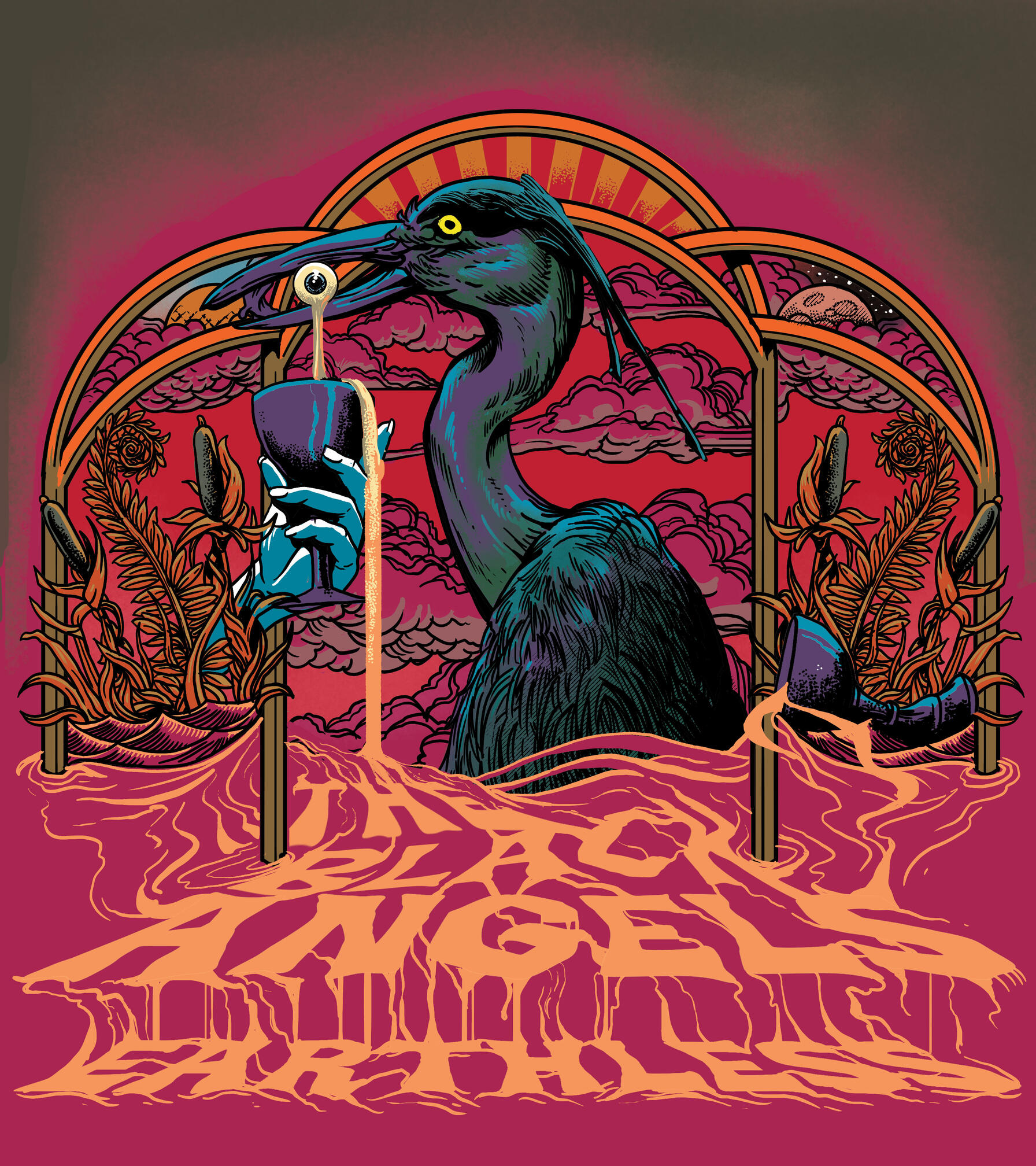 Burial Beer Co. 12th Anniversary Poster with The Black Angels Black bird within an ornate botanical frame for Burial Beer’s twelth anniversary featuring The Black Angels.
