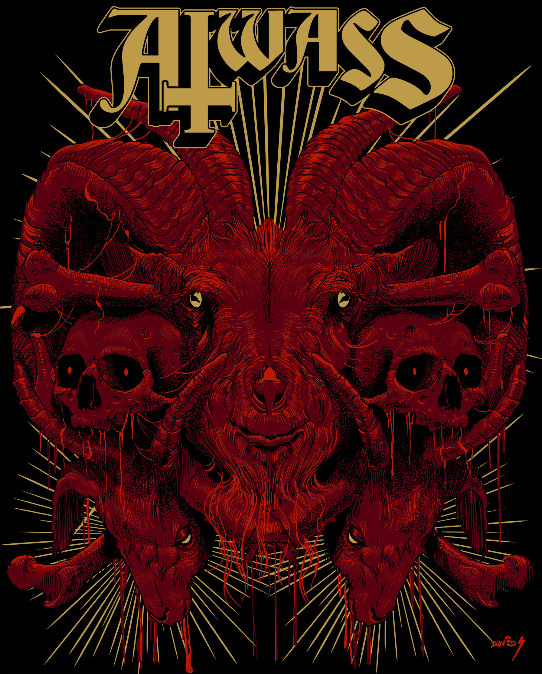Aiwass Red ram surrounded by skulls and geometric rays with AIWASS lettering.