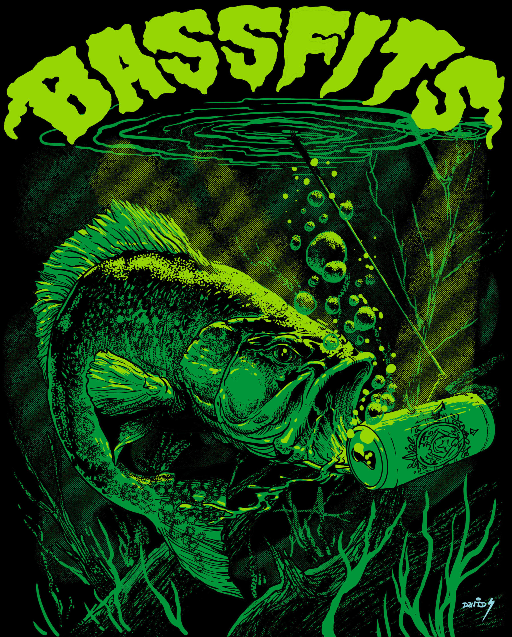 Bassfits Traditional Largemouth bass swallowing a beverage can beneath Bassfits lettering.